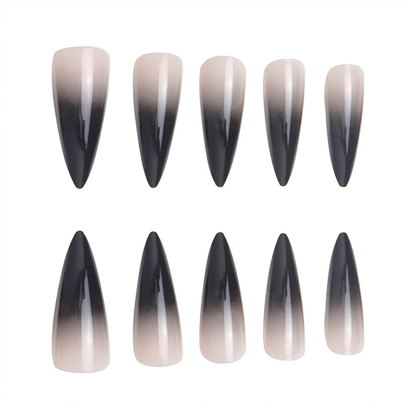 SINHOT Stiletto Press on Nails Extra Long Fake Nails with Glue Glossy False Nails with Black Gradient Designs Full Cover Almond Acrylic Nail 24pcs - Image 2